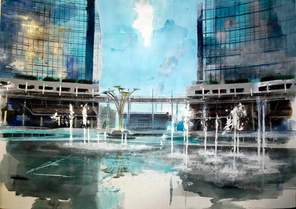 Francesco Santosuosso, Piazza Gae Aulenti, acquarello su carta, 70×100 cm