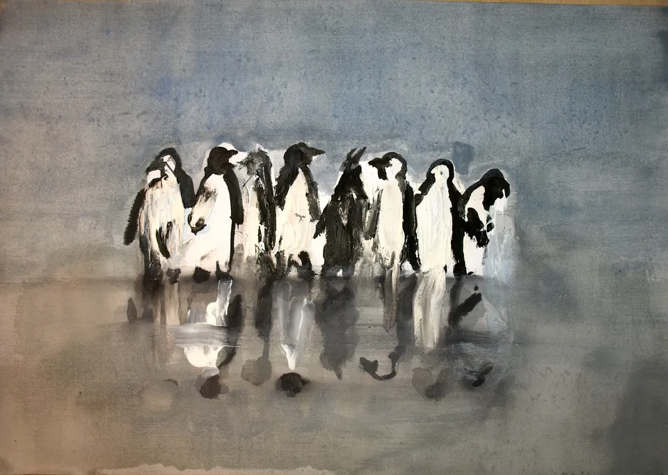 Francesco Santosuosso, Pinguins, 2024, china, acquarello, acrilico su carta, 35×50 cm