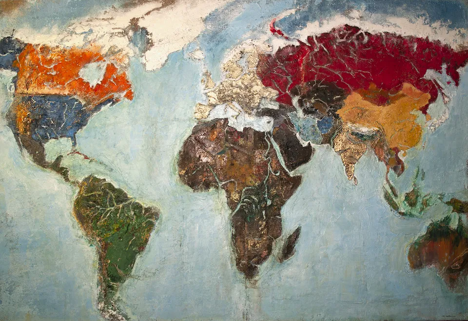 Francesco Santosuosso, Planisfero, 2018, tecniche miste su tela, 100×150 cm