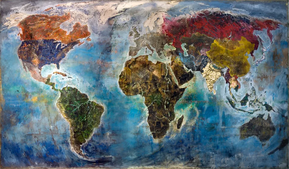 Francesco Santosuosso, Planisfero, 2015, tecniche miste su tela, 220×370 cm