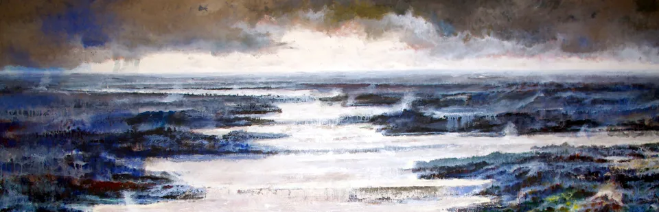 Francesco Santosuosso, Pocalyptic river, 2023, olio e acrilico su tela, 200×370 cm