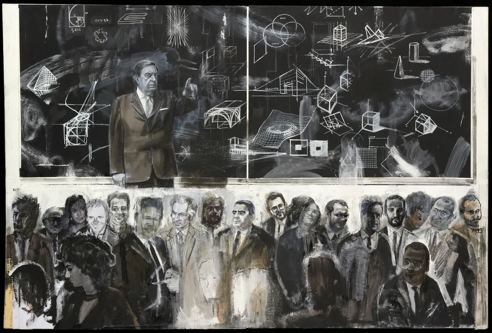 Francesco Santosuosso, Politecnico, 1989, tecnica mista su tela, 100×150 cm