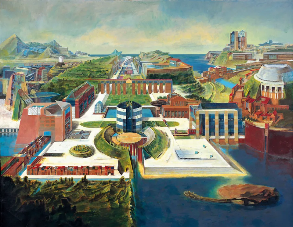 Francesco Santosuosso, Progetto di citta' ideale, 1992, acrilico su tela, 150×200 cm