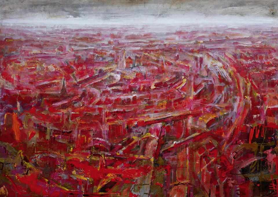 Francesco Santosuosso, Red schift, 2001, olio e smalto su tela, 100×140 cm