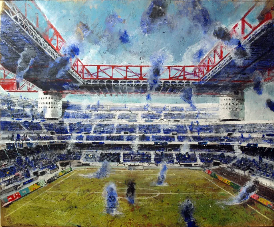 Francesco Santosuosso, San Siro INTER, 2016, olio e acrilico su legno, 39×47 cm