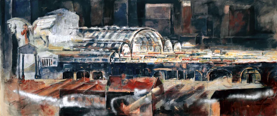 Francesco Santosuosso, Stazione centrale, 2000, tecnica mista su tela, 150×350 cm