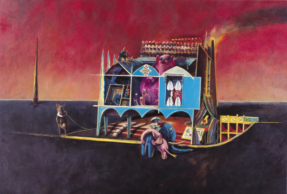 Francesco Santosuosso, Teatrino Indiano, acrilico su cartone, 50×70 cm