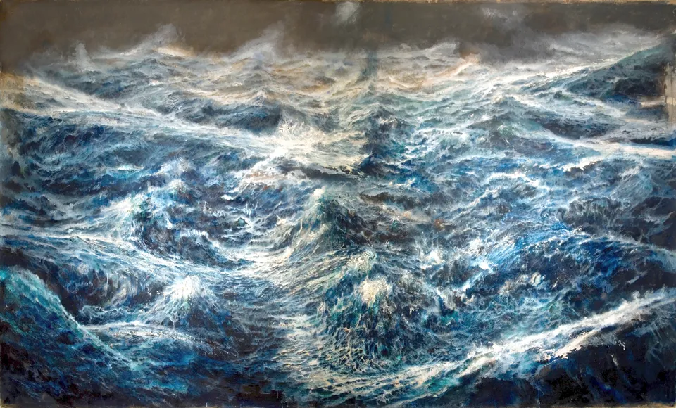 Francesco Santosuosso, Tempesta sull'oceano primordiale 2, 2015, olio e acrilico su tela, 224×370 cm