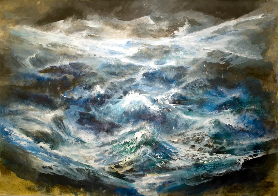 Francesco Santosuosso, Tempesta sull'oceano primordiale, acquarello olio acrilico su carta, 70×100 cm