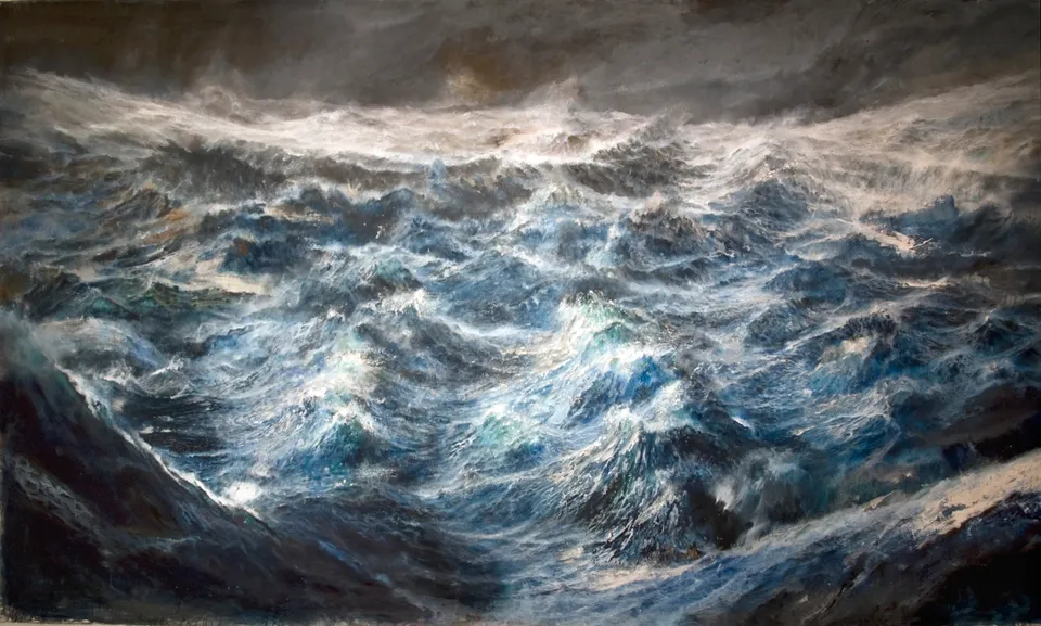 Francesco Santosuosso, Tempesta sull'oceano primordiale, 2014, olio e acrilici su tela, 220×387 cm