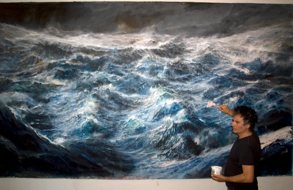 Francesco Santosuosso, Tempesta sull'oceano primordiale con autore, 2014, 224×370 cm