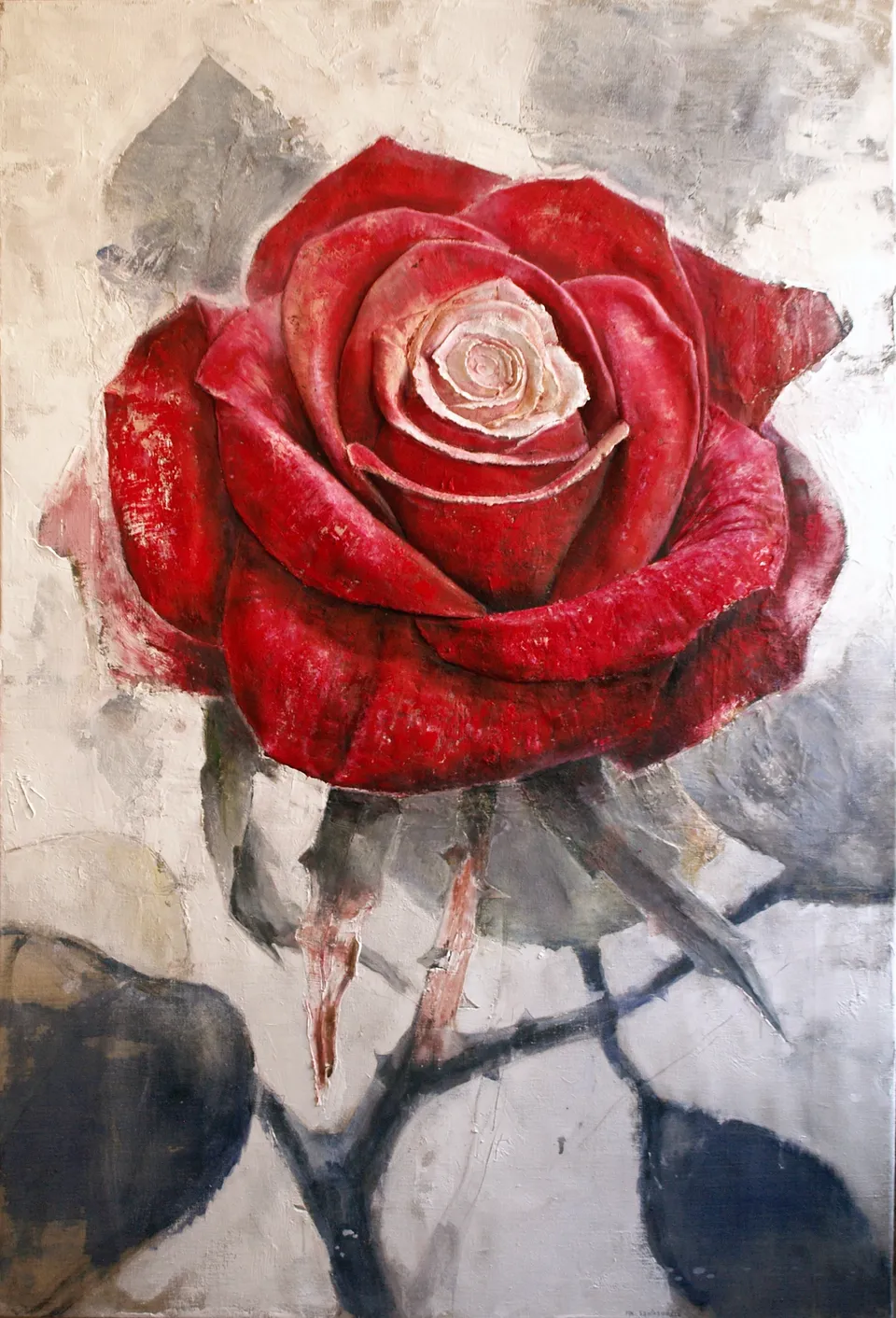 Francesco Santosuosso, The rose, 2012, olio ,gesso,stucchi,su tela, 150×100 cm