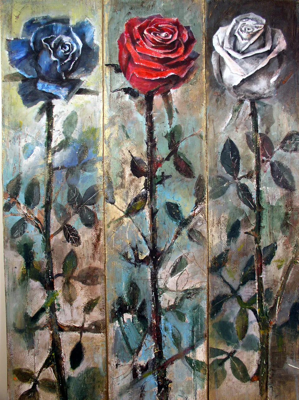 Francesco Santosuosso, Tre rose su masonite, 2006, 80×18 cm