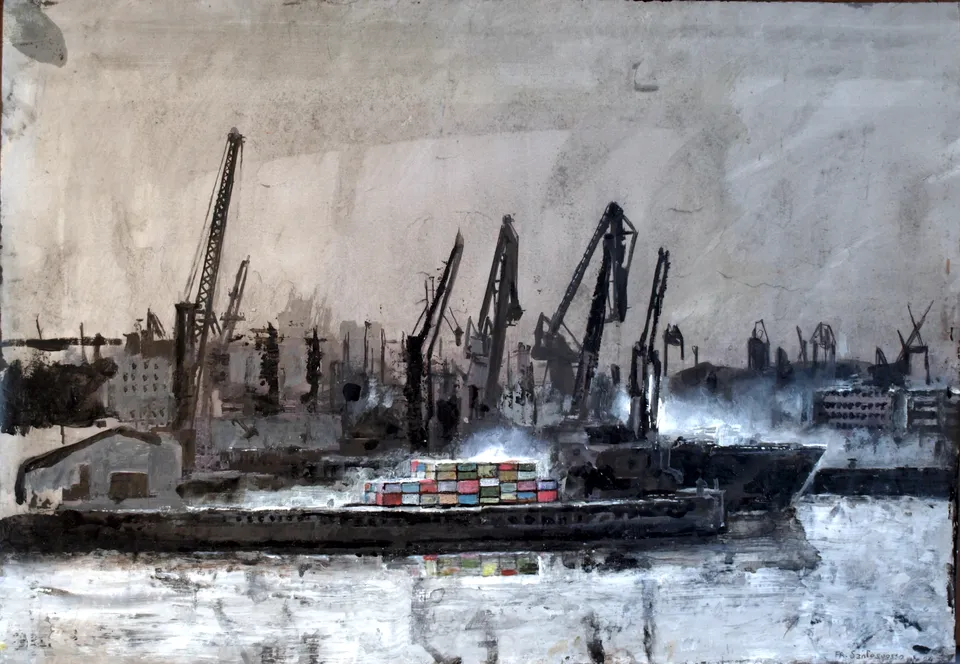 Francesco Santosuosso, Un cargo per la cina, 2024, acrilico su carta, 35×50 cm