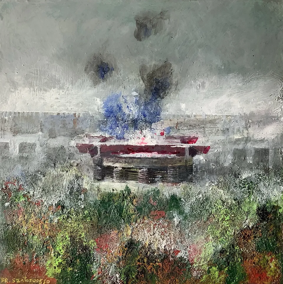 Francesco Santosuosso, Una grande nebbia a SAN SIRO 3, 2021, olio e acrilico su tavola, 20×20 cm
