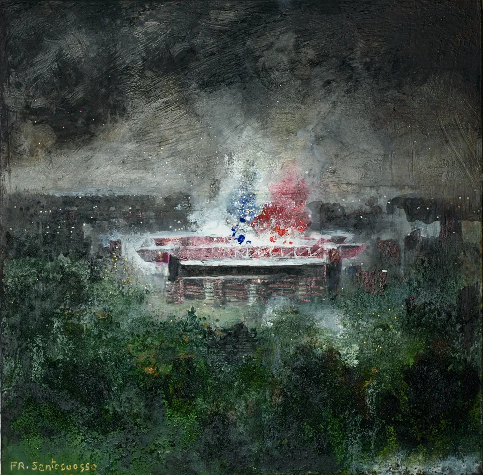 Francesco Santosuosso, Una grande nebbia a SAN SIRO 5, 2021, olio e acrilico su tavola, 20×20 cm