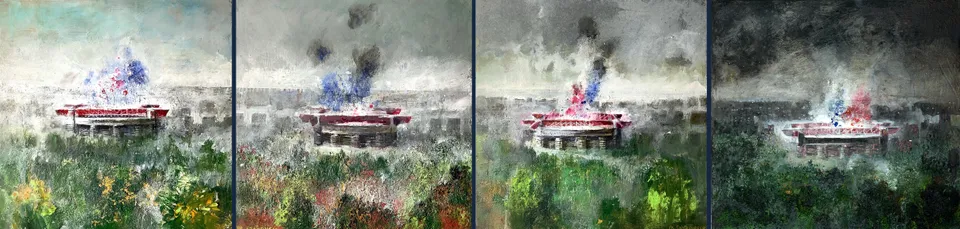 Francesco Santosuosso, Una grande nebbia a SAN SIRO, 2021, olio e acrilico su tavola, 20×20 cm