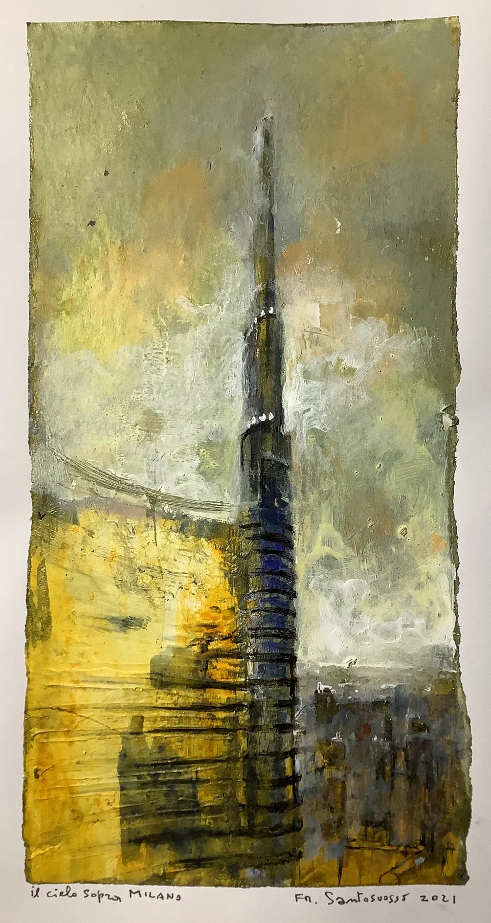 Francesco Santosuosso, UNICREDIT 2,opere in, 2021, acrilici e smalti su carta, 27×12 cm
