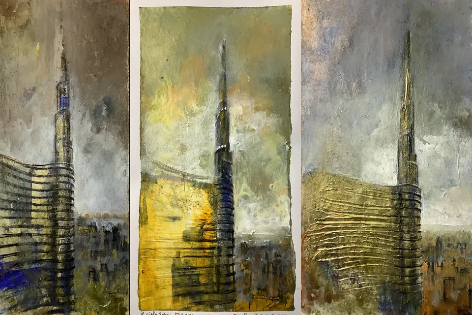 Francesco Santosuosso, UNICREDIT,opere in, 2021, acrilici e smalti su carta, 27×12 cm