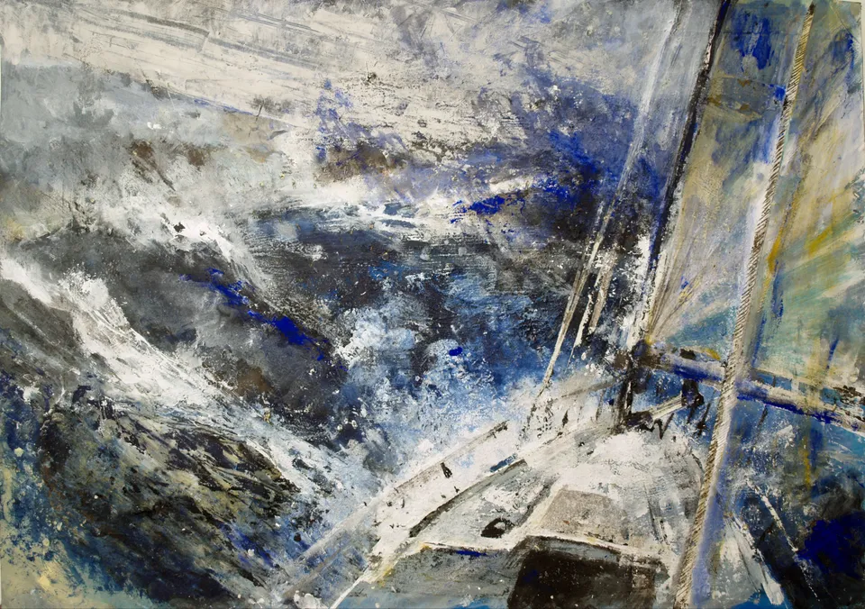 Francesco Santosuosso, Vela con tempesta, acrilico su carta, 50×70 cm
