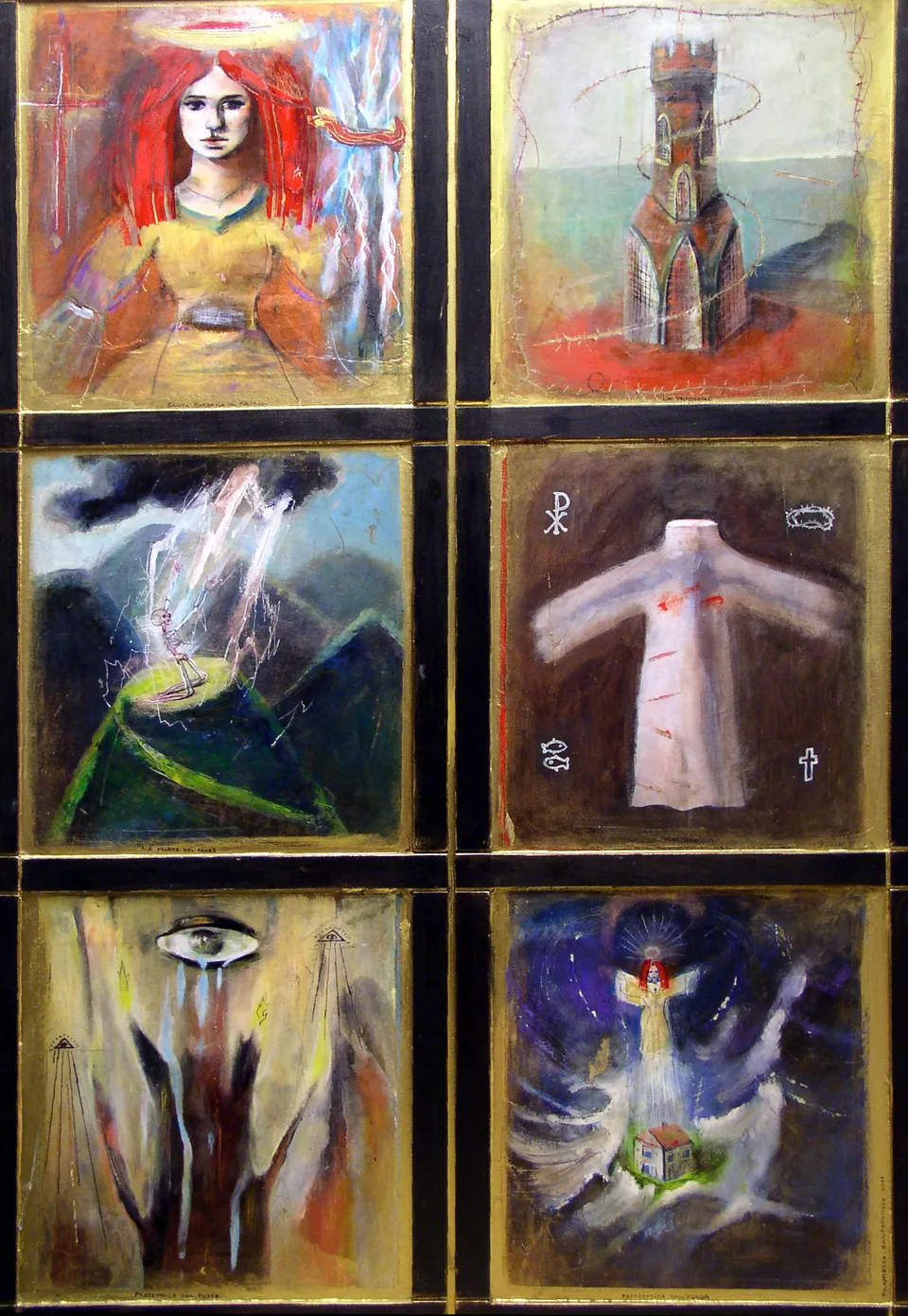 Francesco Santosuosso, Vita di santa barbara dei fulmini, 2001, acrilico su carta su tavola, 106×70 cm